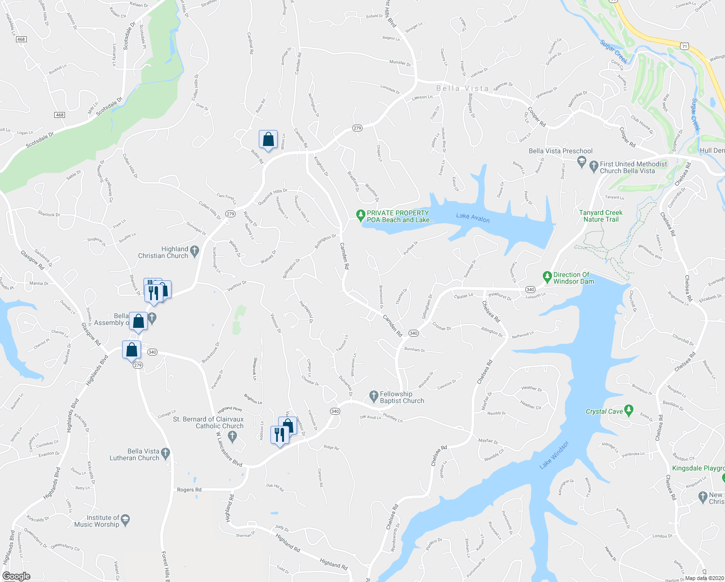 map of restaurants, bars, coffee shops, grocery stores, and more near 5 Newport Circle in Bella Vista