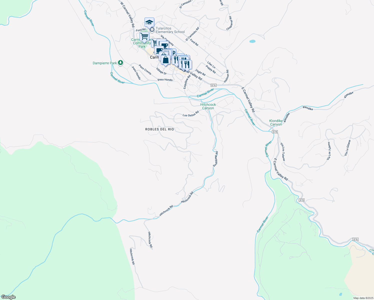 map of restaurants, bars, coffee shops, grocery stores, and more near 18 Camino De Travesia in Carmel Valley