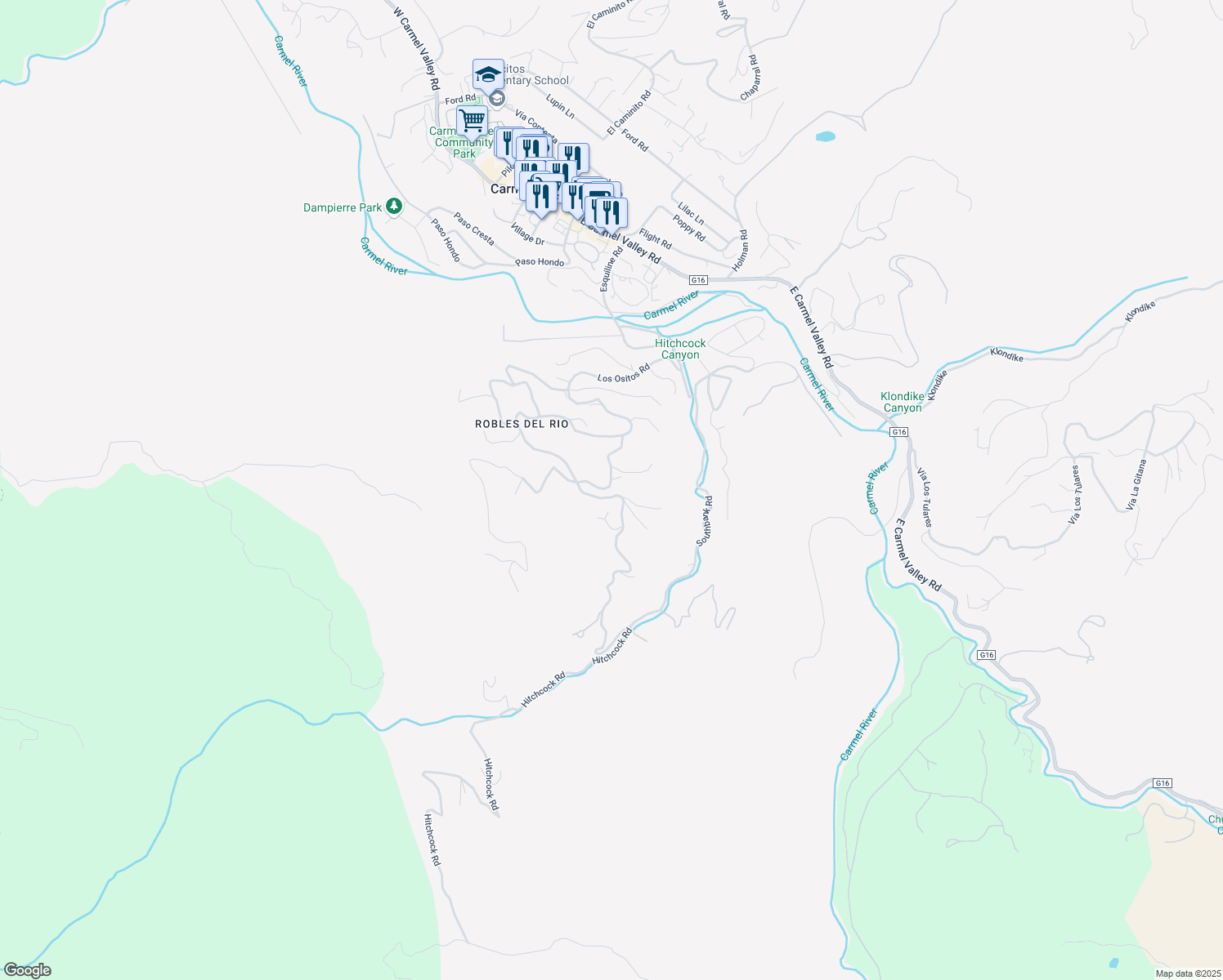 map of restaurants, bars, coffee shops, grocery stores, and more near 18 Camino De Travesia in Carmel Valley