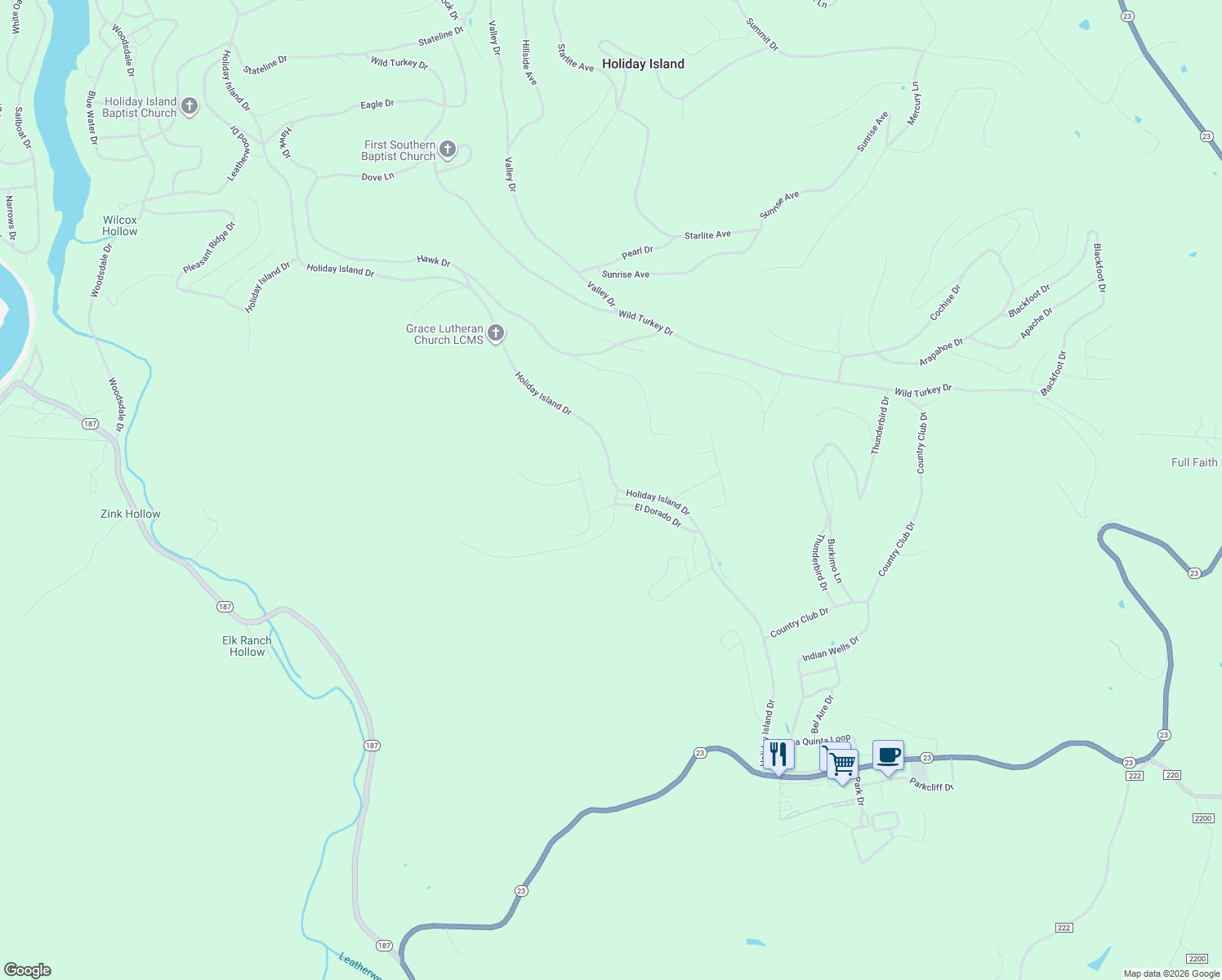 map of restaurants, bars, coffee shops, grocery stores, and more near in Holiday Island
