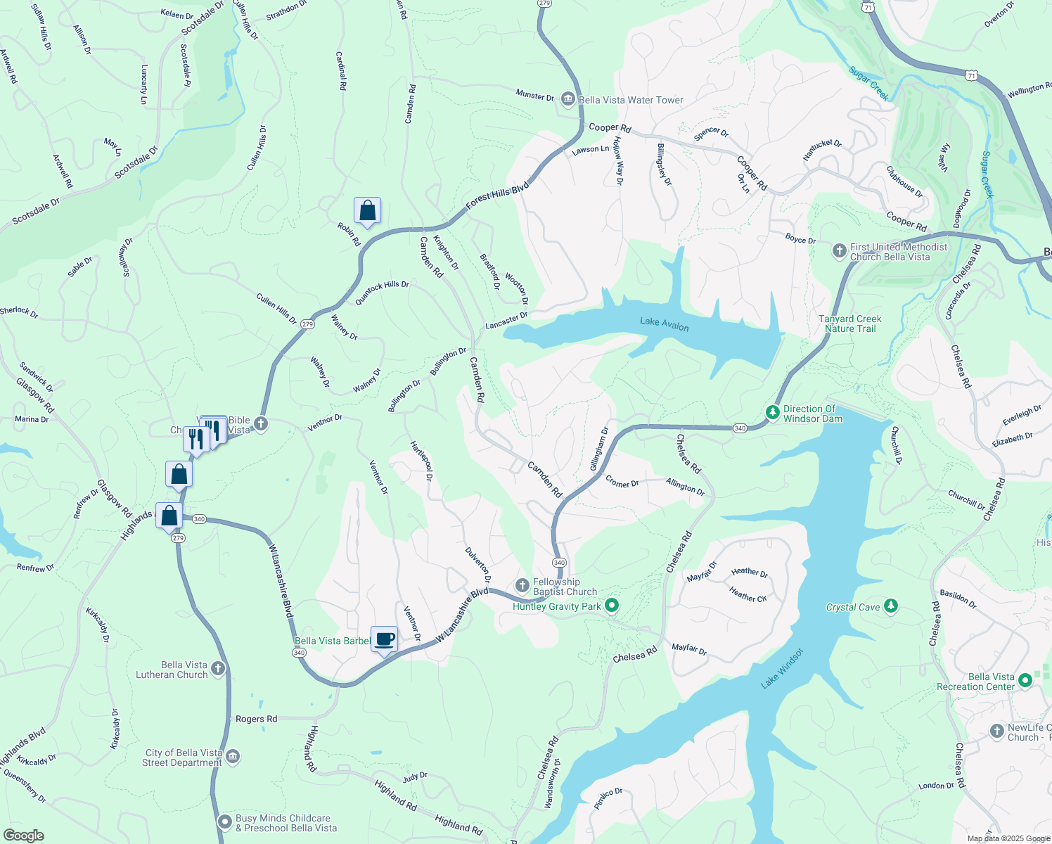 map of restaurants, bars, coffee shops, grocery stores, and more near 19 Brentwood Drive in Bella Vista
