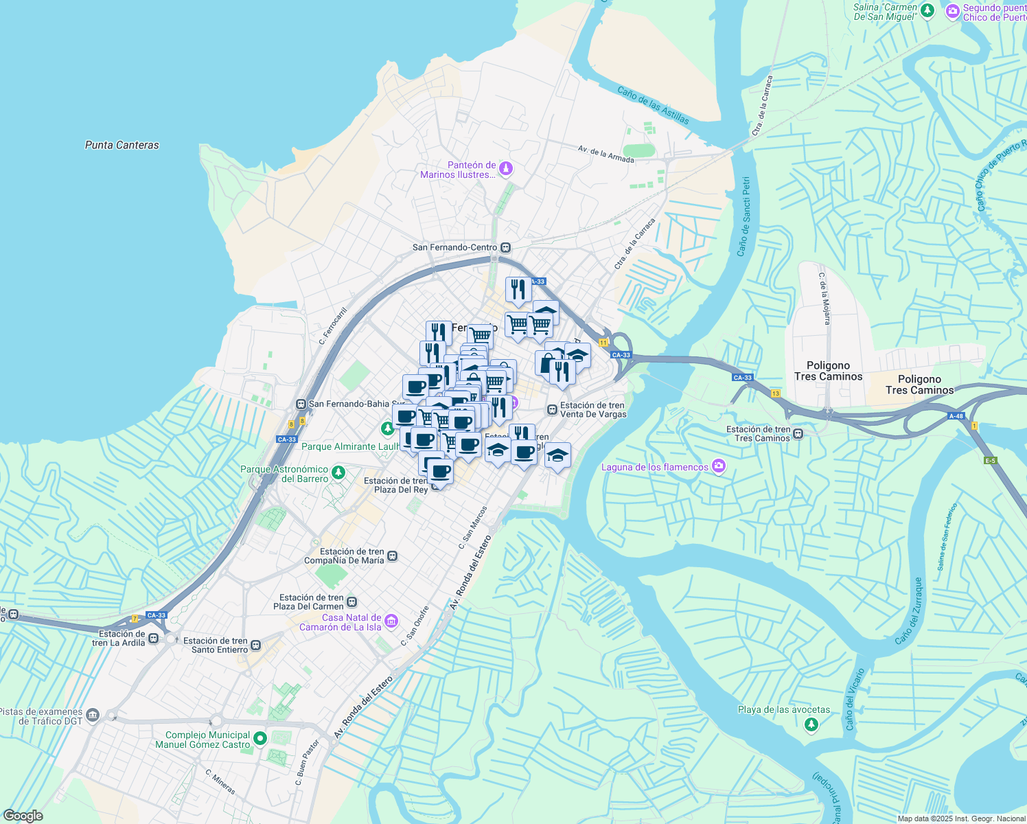 map of restaurants, bars, coffee shops, grocery stores, and more near 9999 Calle Arias de Miranda in San Fernando