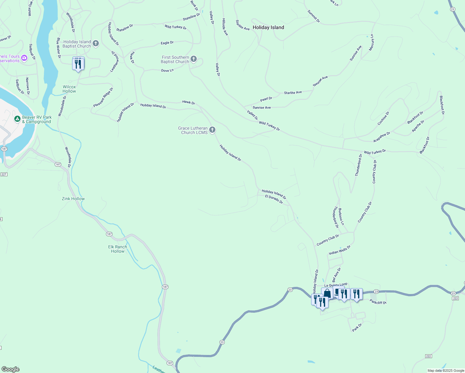 map of restaurants, bars, coffee shops, grocery stores, and more near 15 Rancho Vista Lane in Holiday Island