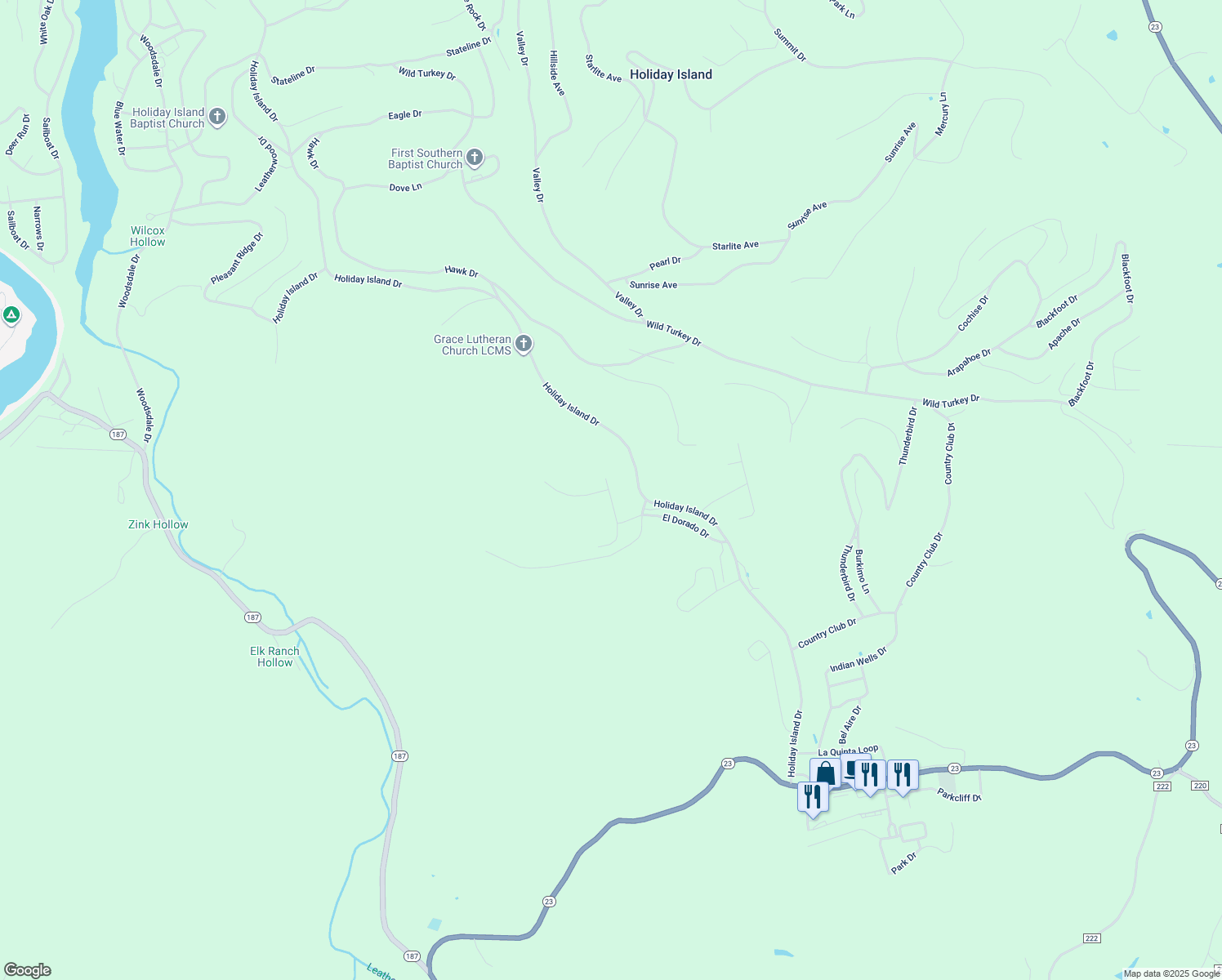 map of restaurants, bars, coffee shops, grocery stores, and more near 12 Rancho Vista Lane in Eureka Springs