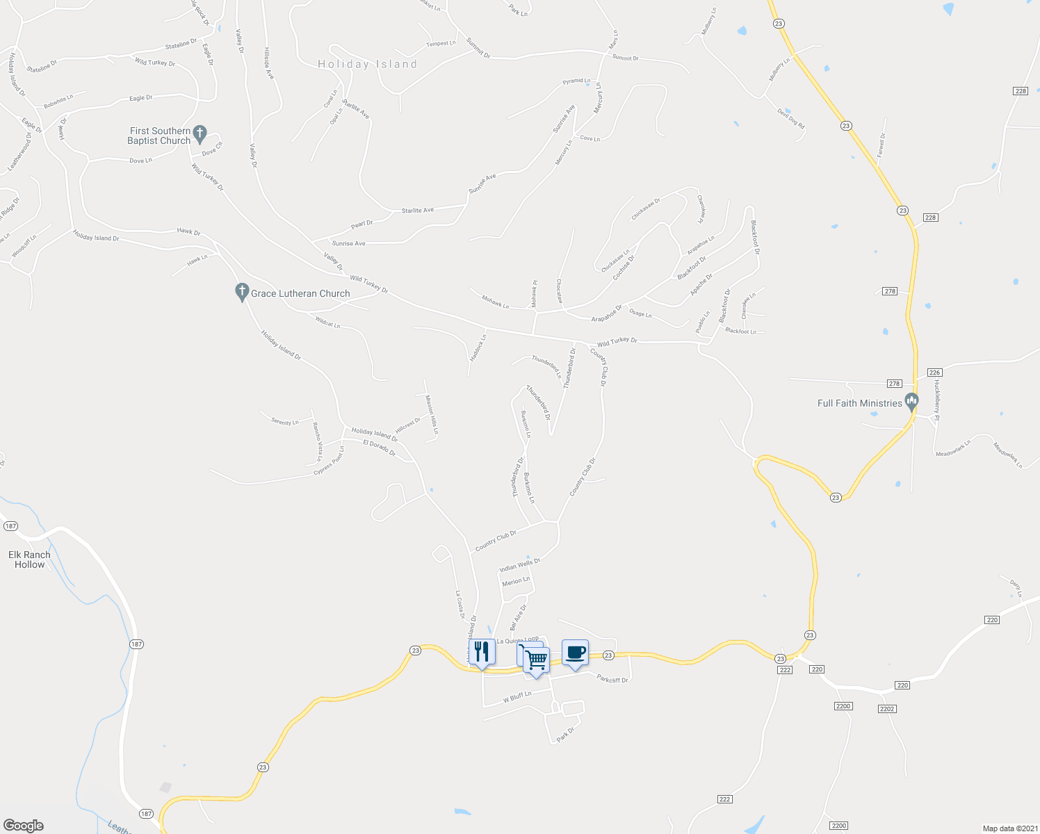map of restaurants, bars, coffee shops, grocery stores, and more near 35 Burkimo Lane in Holiday Island