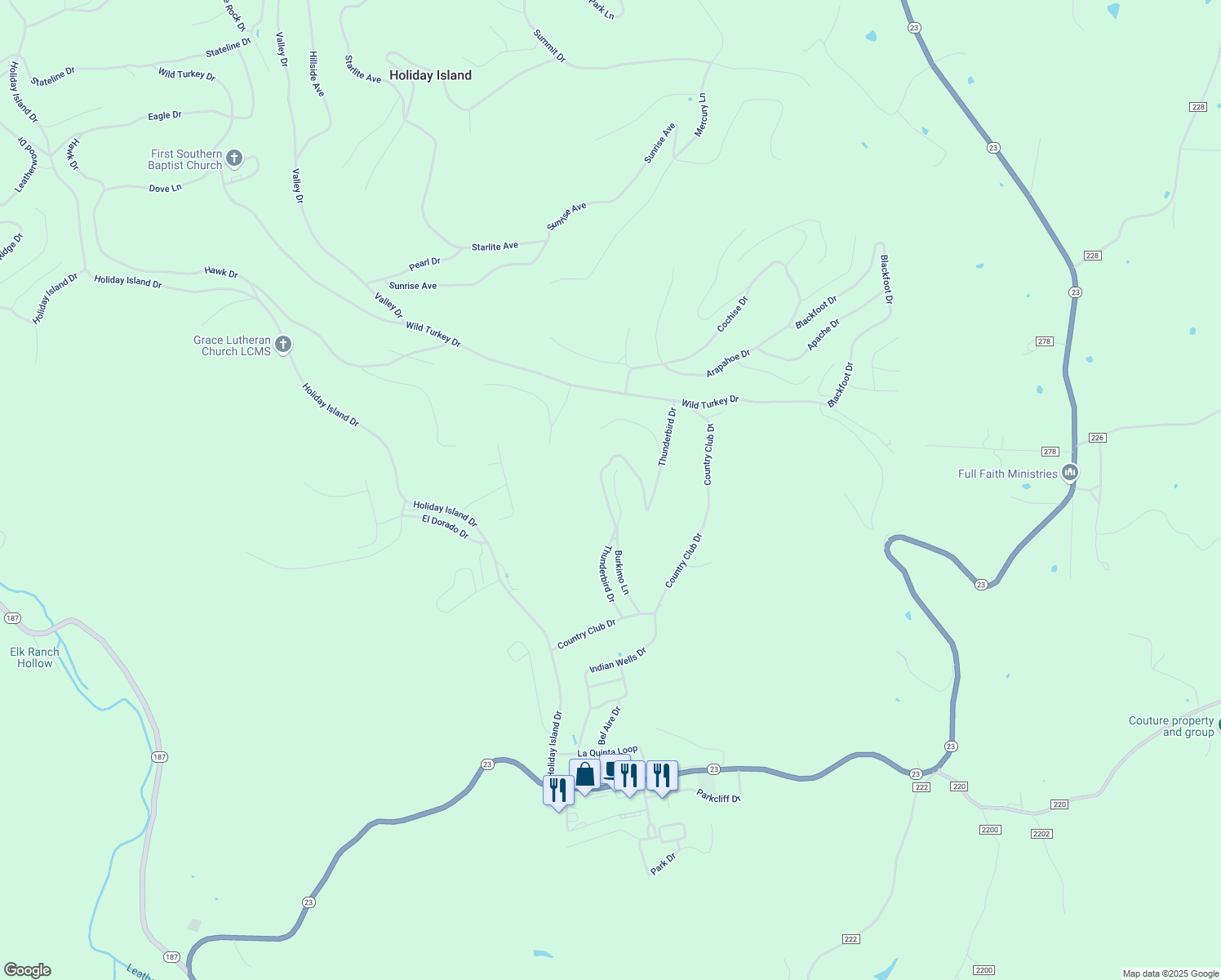map of restaurants, bars, coffee shops, grocery stores, and more near 35 Burkimo Lane in Holiday Island