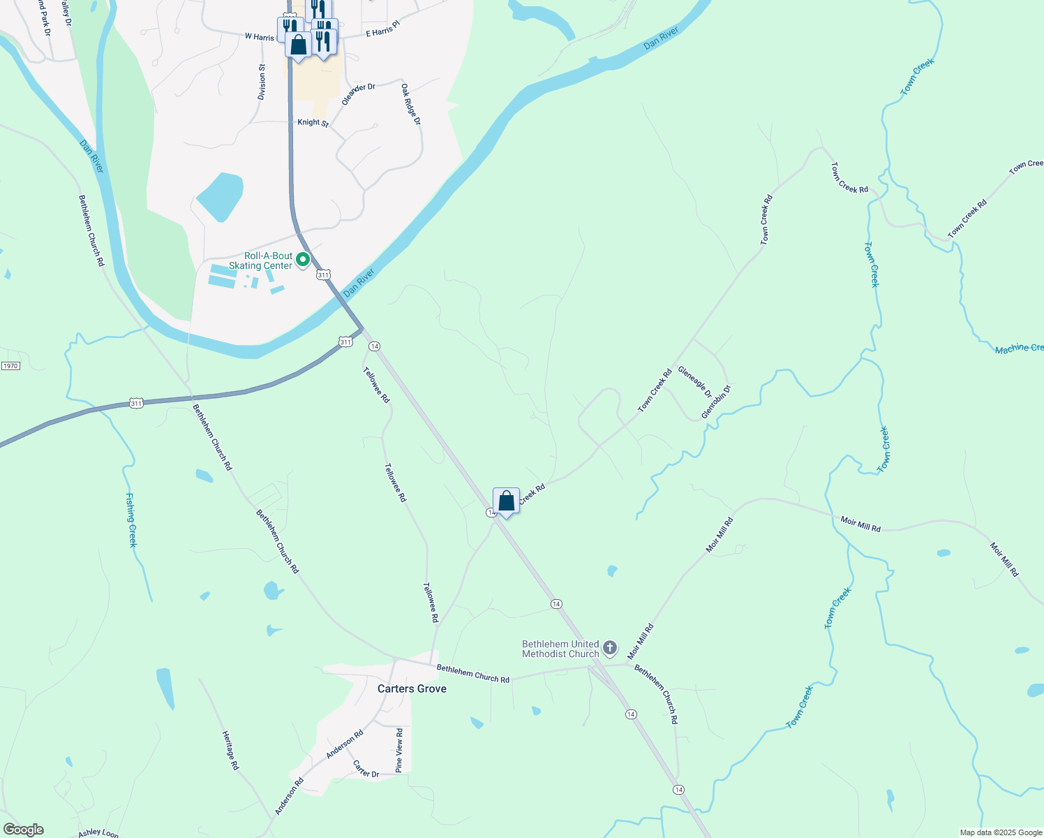 map of restaurants, bars, coffee shops, grocery stores, and more near 202 River Ridge Rd in Eden