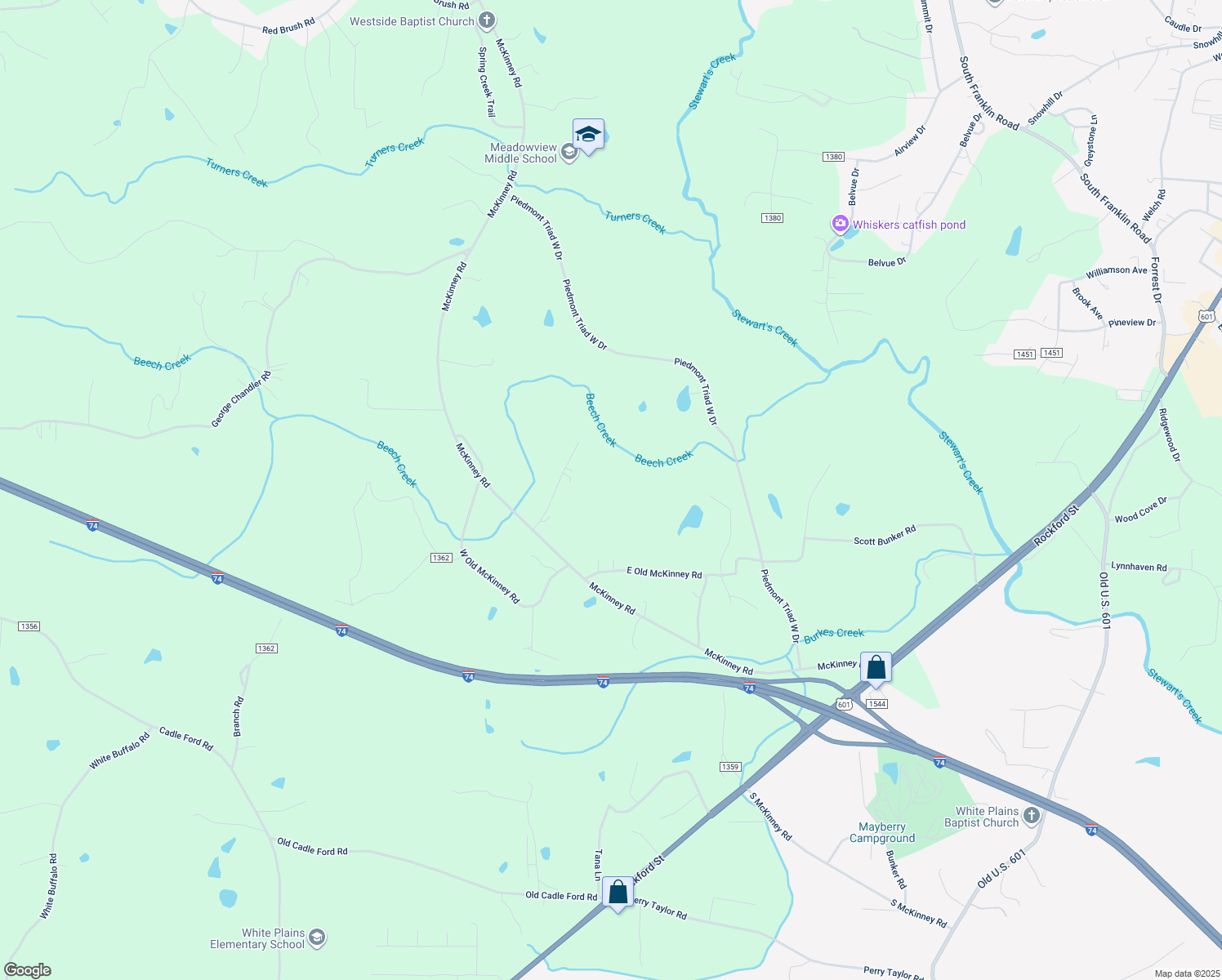 map of restaurants, bars, coffee shops, grocery stores, and more near 590 McKinney Road in Mount Airy