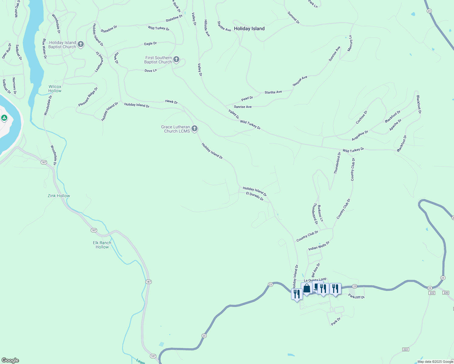 map of restaurants, bars, coffee shops, grocery stores, and more near 12 Rancho Vista Lane in Eureka Springs