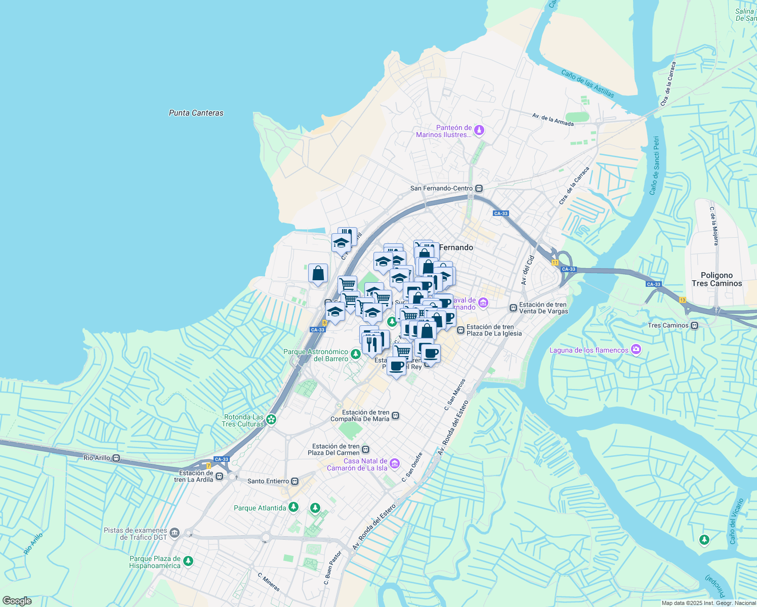 map of restaurants, bars, coffee shops, grocery stores, and more near 36 Calle Muros in San Fernando