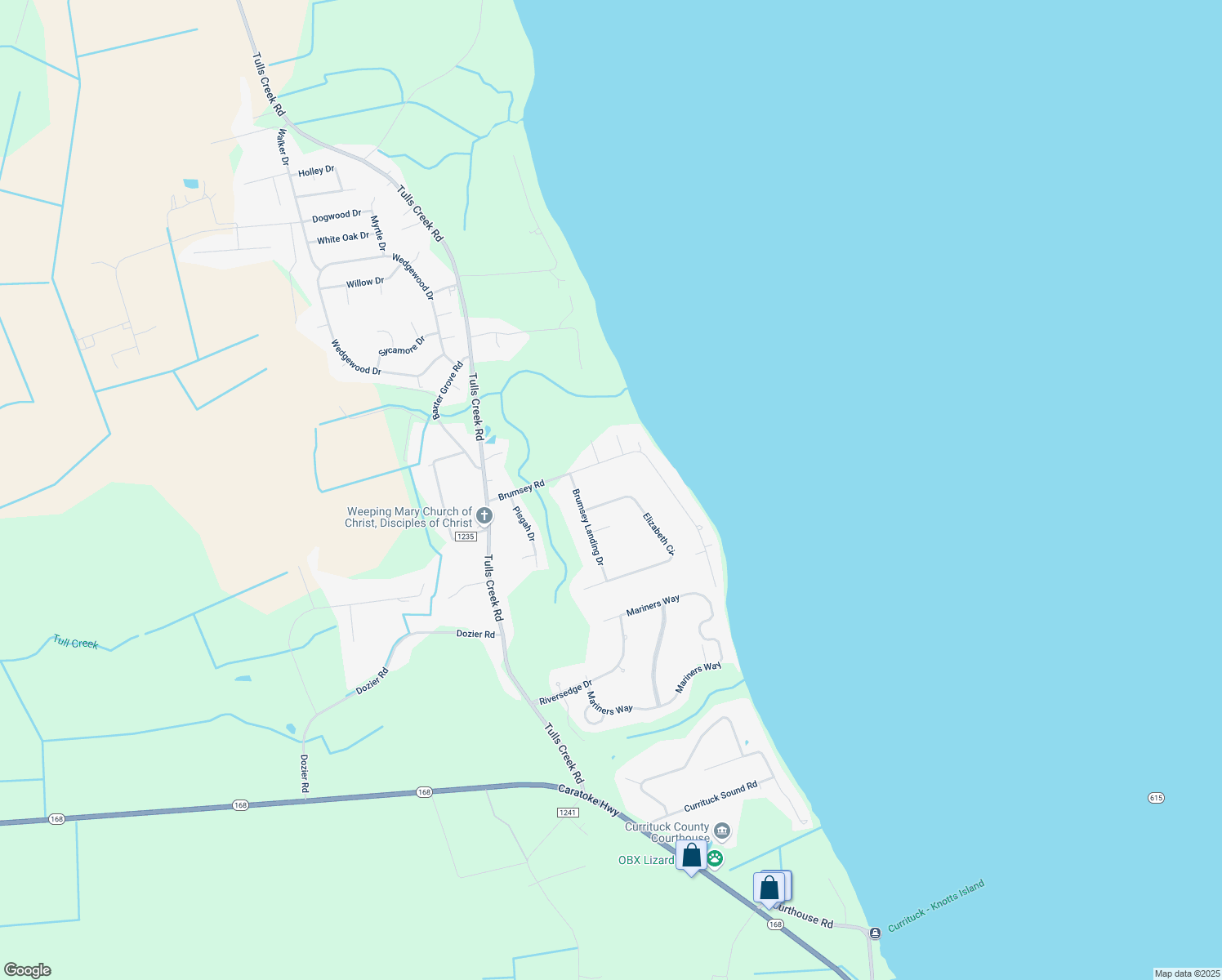 map of restaurants, bars, coffee shops, grocery stores, and more near 105 Elizabeth Circle in Moyock