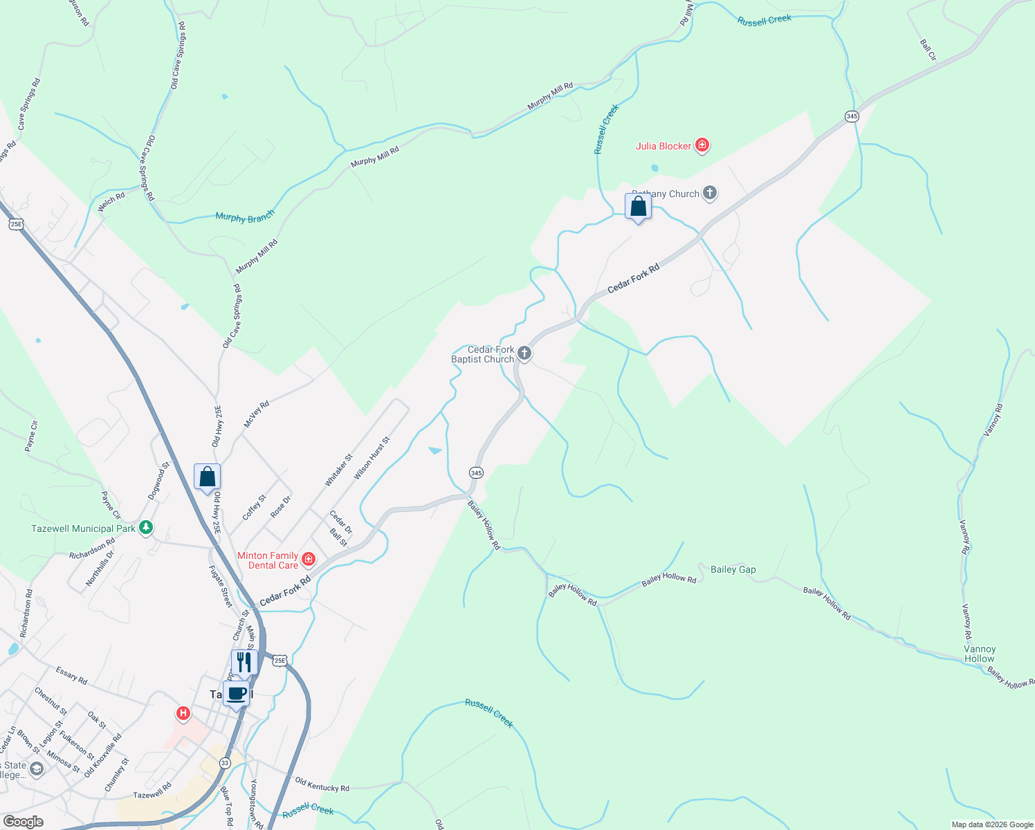 map of restaurants, bars, coffee shops, grocery stores, and more near 717 Cedar Fork Road in Tazewell