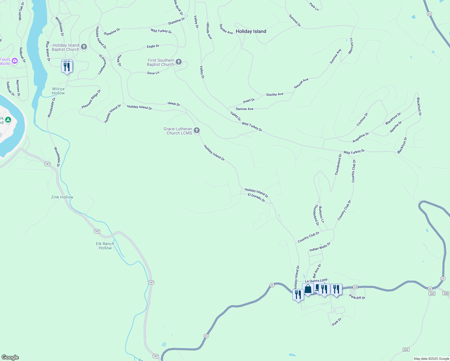 map of restaurants, bars, coffee shops, grocery stores, and more near 15 Rancho Vista Lane in Holiday Island