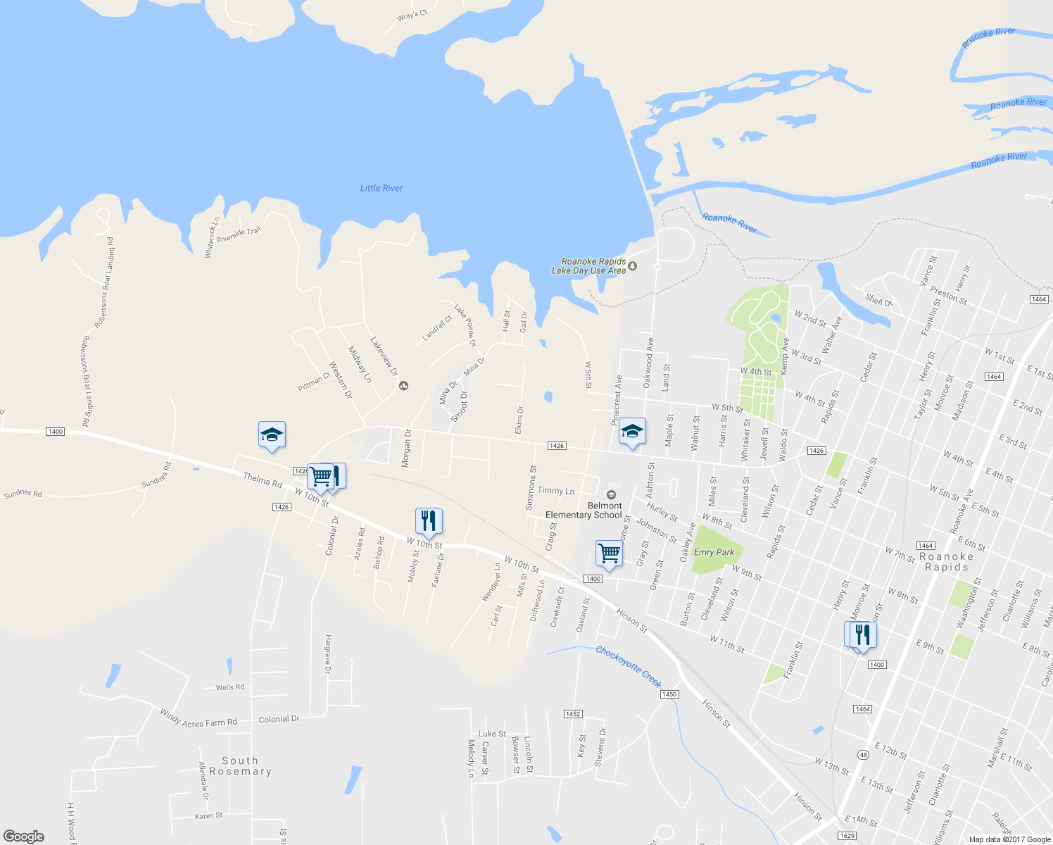 map of restaurants, bars, coffee shops, grocery stores, and more near 514 Elkins Drive in Roanoke Rapids