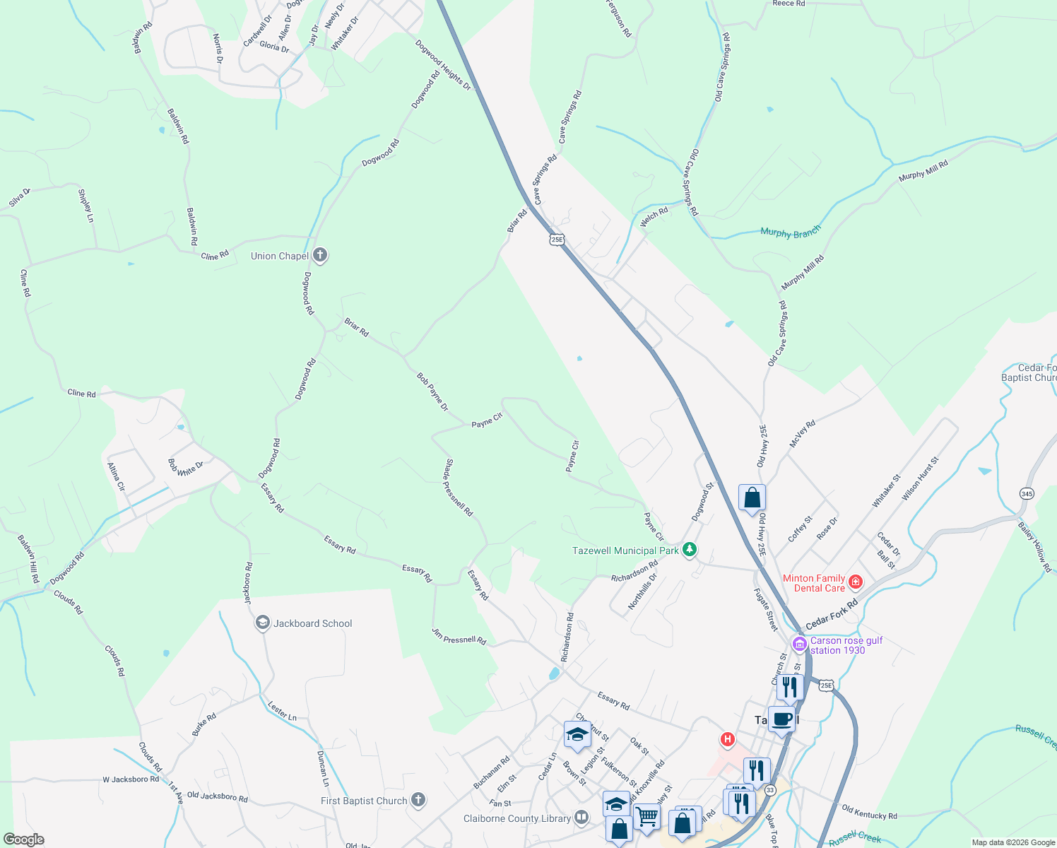 map of restaurants, bars, coffee shops, grocery stores, and more near 430 Payne Circle in Tazewell
