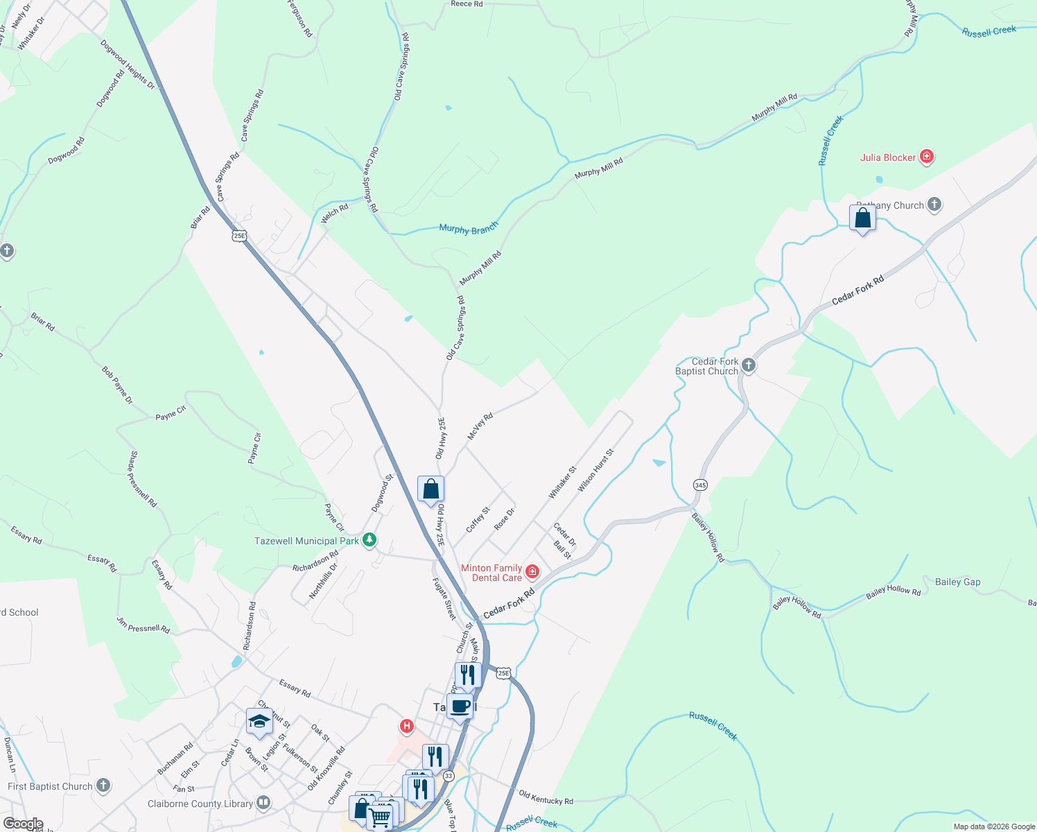 map of restaurants, bars, coffee shops, grocery stores, and more near 345 McVey Road in Tazewell