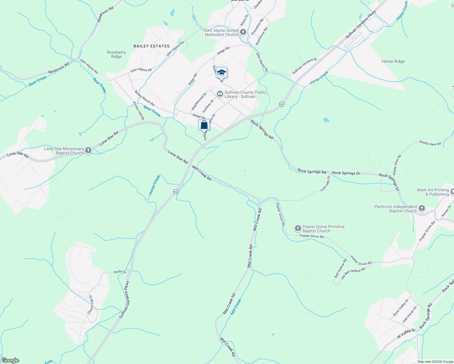 map of restaurants, bars, coffee shops, grocery stores, and more near 235 Mill Creek Road in Kingsport