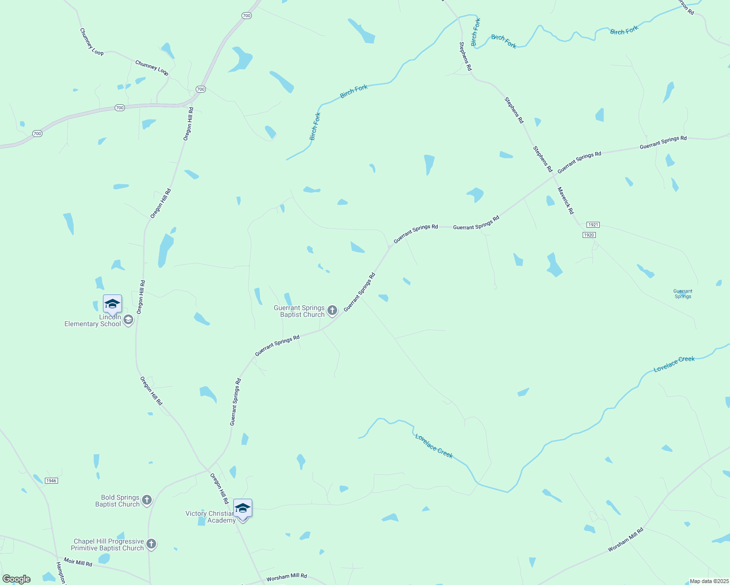 map of restaurants, bars, coffee shops, grocery stores, and more near 2396 Guerrant Springs Road in Ruffin