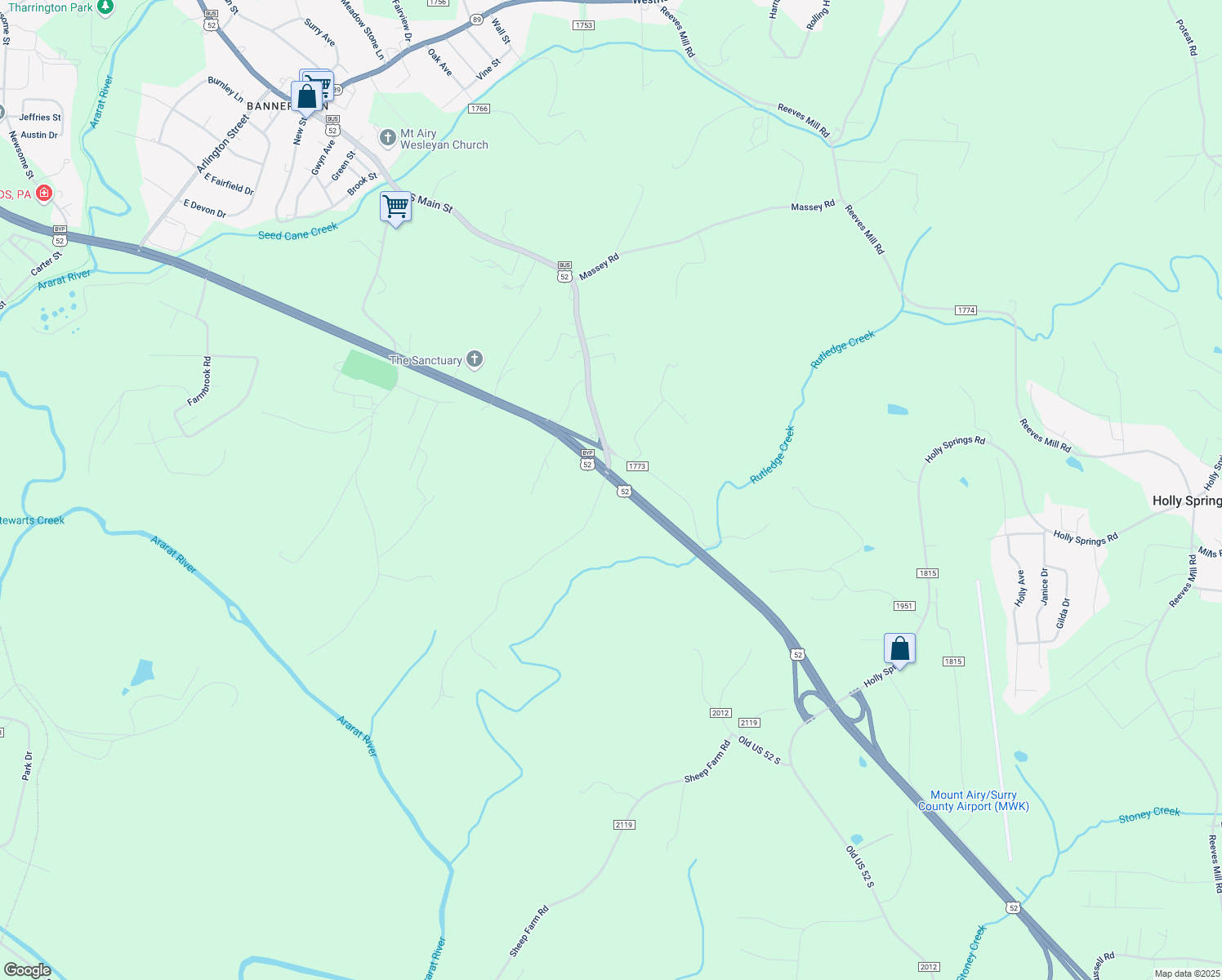 map of restaurants, bars, coffee shops, grocery stores, and more near 155 Charlie Norman Road in Mount Airy