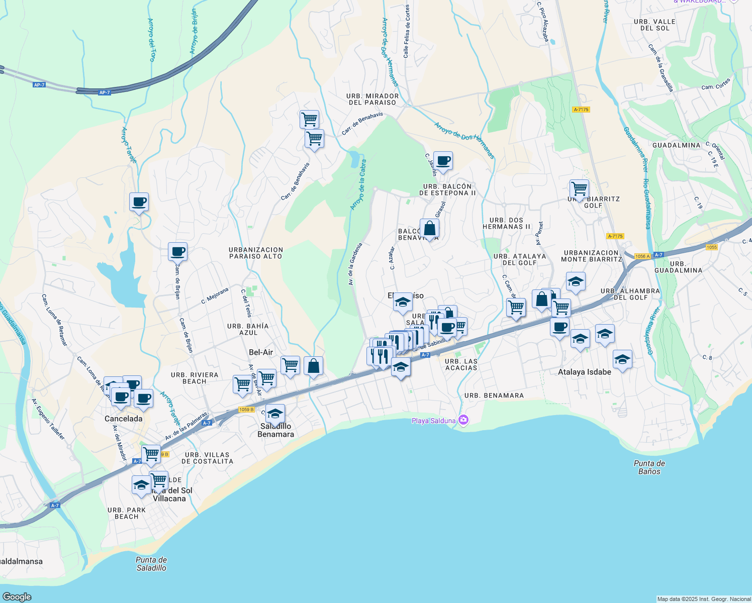 map of restaurants, bars, coffee shops, grocery stores, and more near 128 Calle Hortensia in El Paraíso
