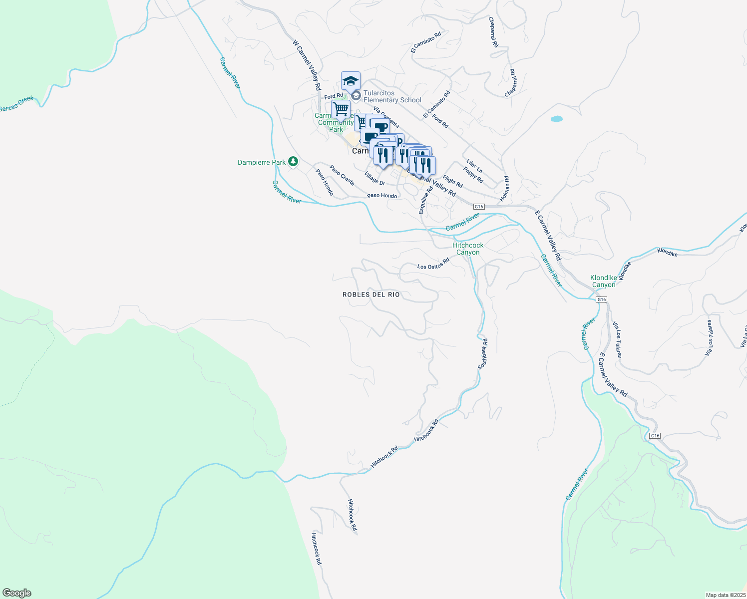 map of restaurants, bars, coffee shops, grocery stores, and more near 170 Calle De Los Agrinemsors in Carmel Valley
