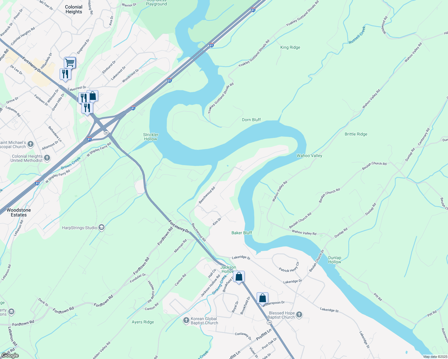 map of restaurants, bars, coffee shops, grocery stores, and more near 518 Beechwood Road in Kingsport