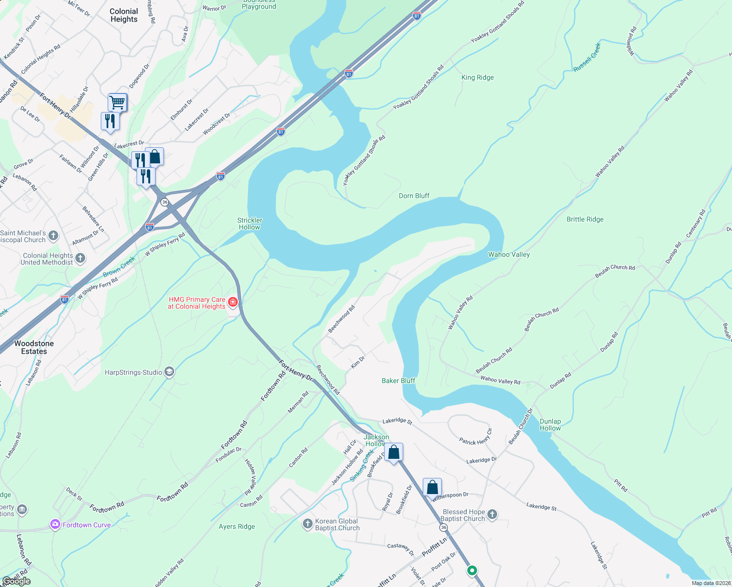 map of restaurants, bars, coffee shops, grocery stores, and more near 518 Beechwood Road in Kingsport