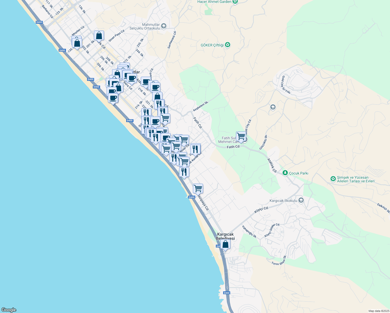 map of restaurants, bars, coffee shops, grocery stores, and more near 15 Namık Kemal Caddesi in Alanya