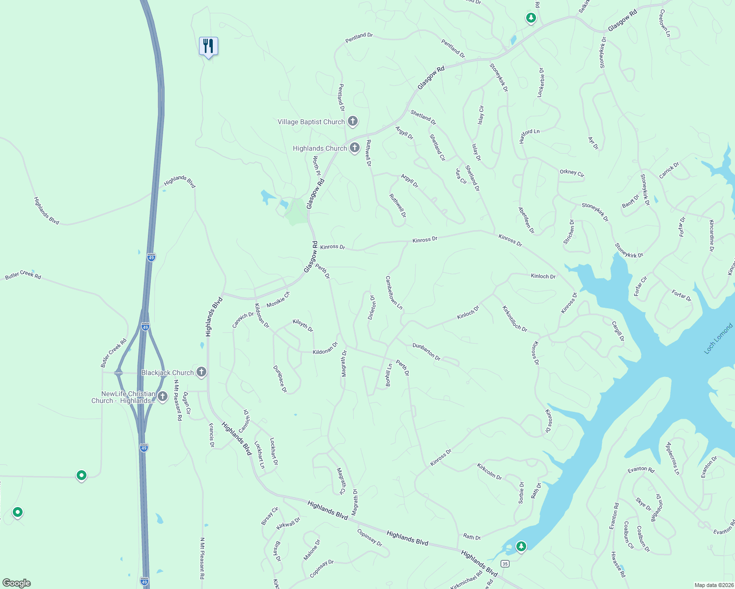 map of restaurants, bars, coffee shops, grocery stores, and more near 3 Dirleton Place in Bella Vista