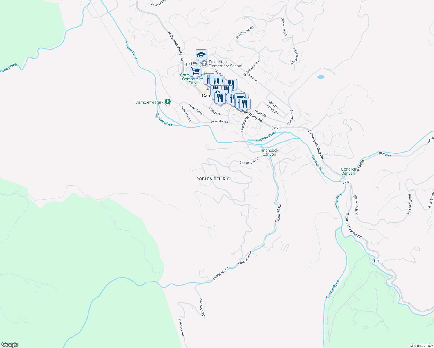 map of restaurants, bars, coffee shops, grocery stores, and more near 146 Calle De La Ventana in Carmel Valley