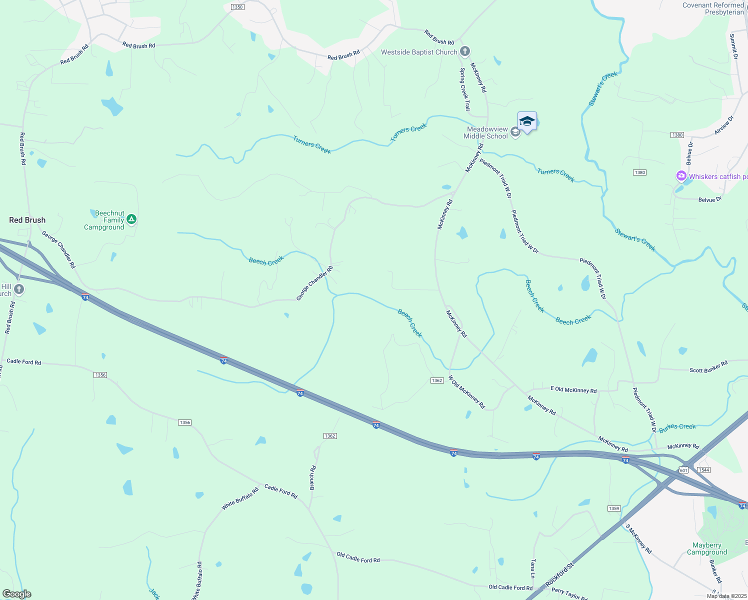 map of restaurants, bars, coffee shops, grocery stores, and more near 215 Beech Creek Trail in Mount Airy