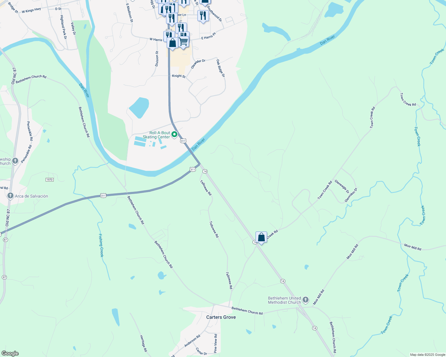 map of restaurants, bars, coffee shops, grocery stores, and more near 5261 North Carolina 14 in Eden
