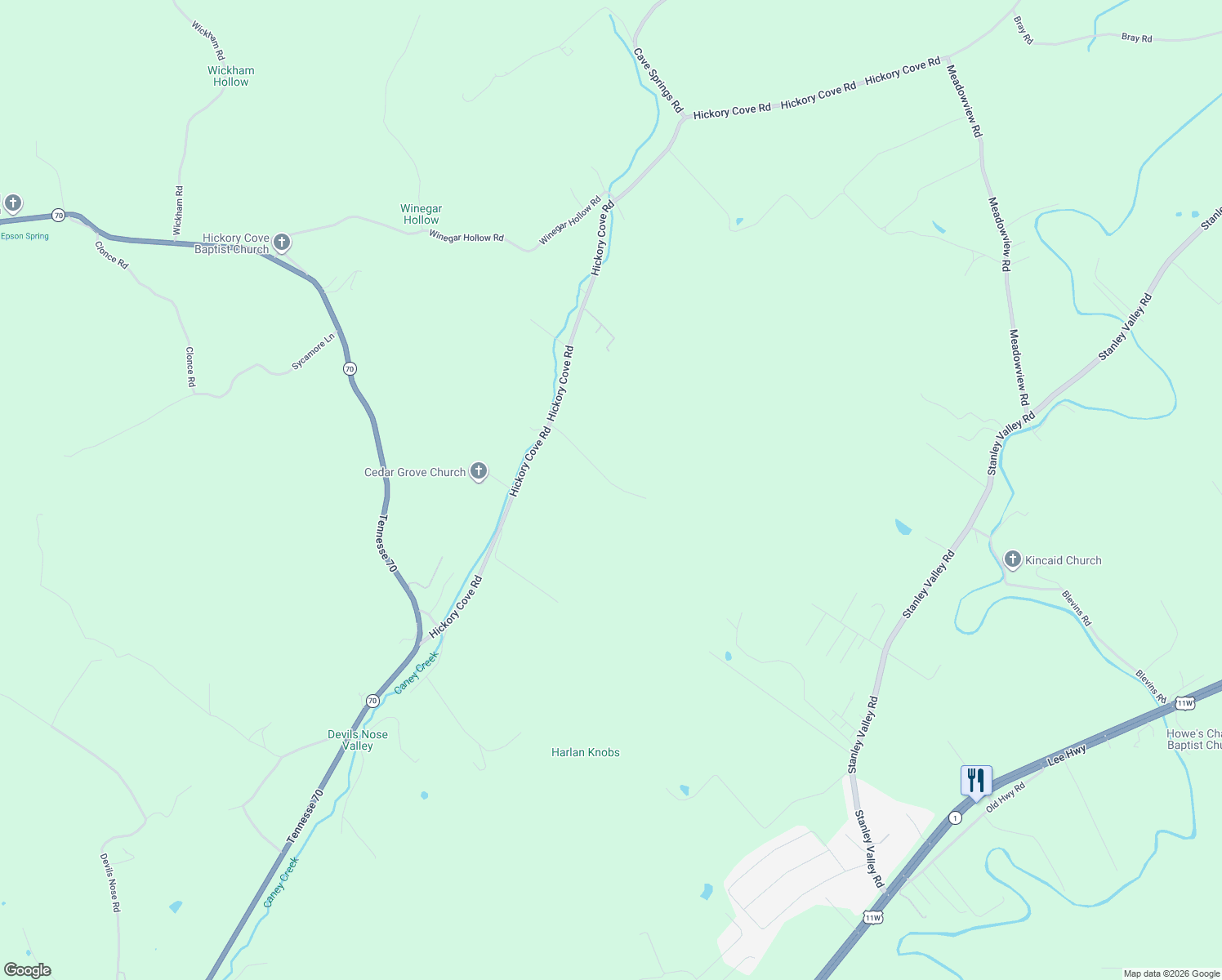 map of restaurants, bars, coffee shops, grocery stores, and more near 116-156 Allen Lane in Rogersville