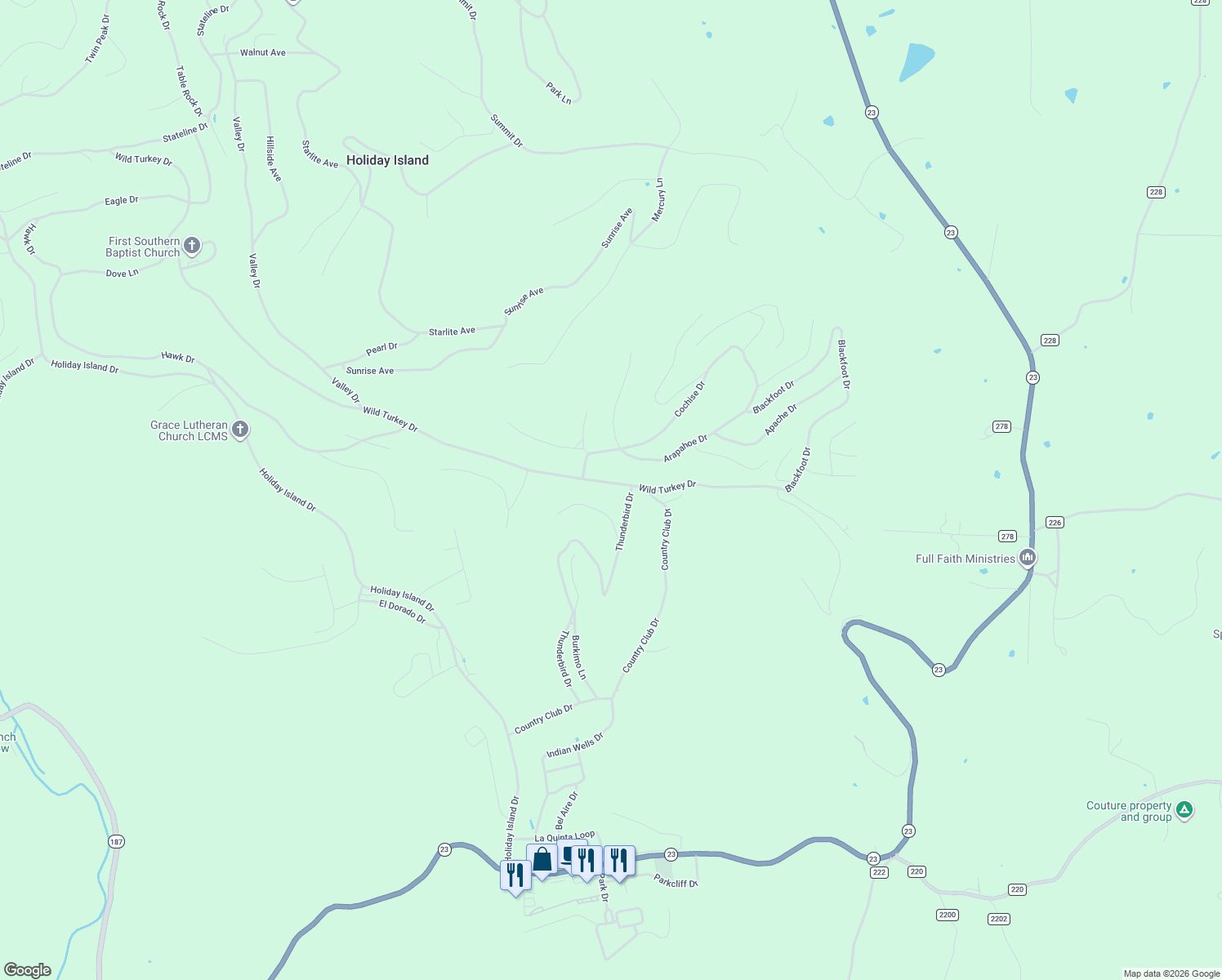 map of restaurants, bars, coffee shops, grocery stores, and more near 11 Wild Turkey Drive in Holiday Island