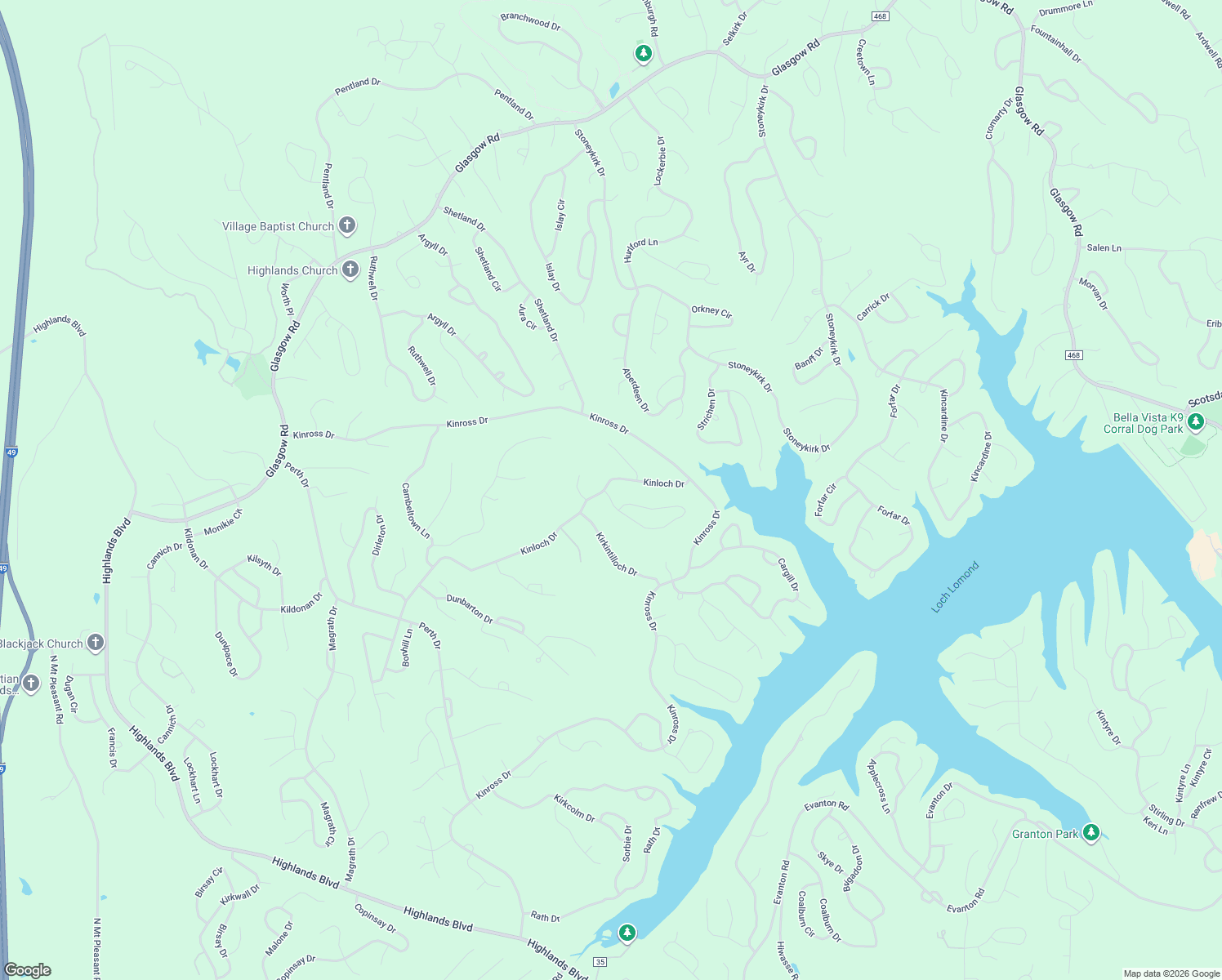 map of restaurants, bars, coffee shops, grocery stores, and more near 23 Kinloch Drive in Bella Vista