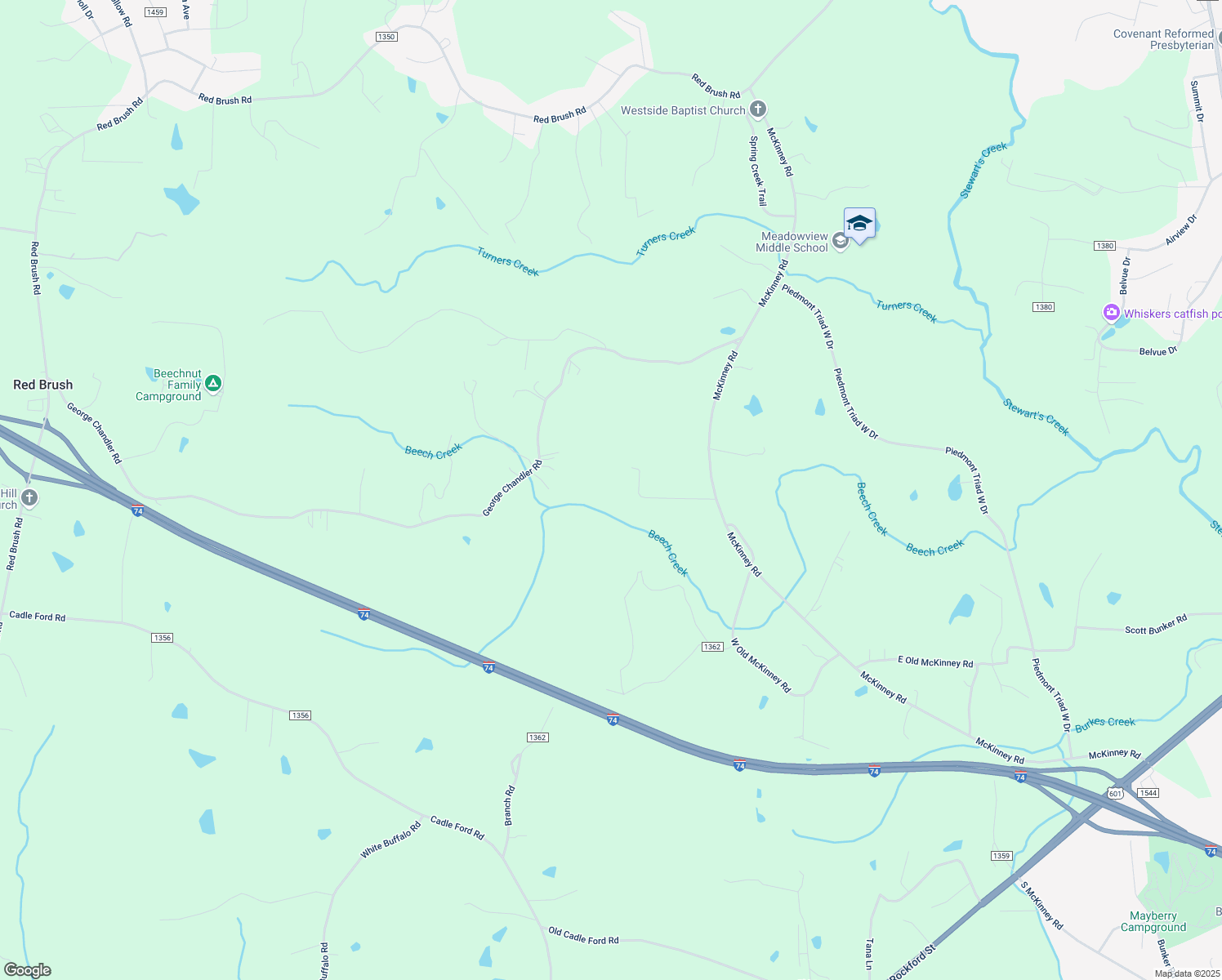 map of restaurants, bars, coffee shops, grocery stores, and more near 215 Beech Creek Trail in Mount Airy