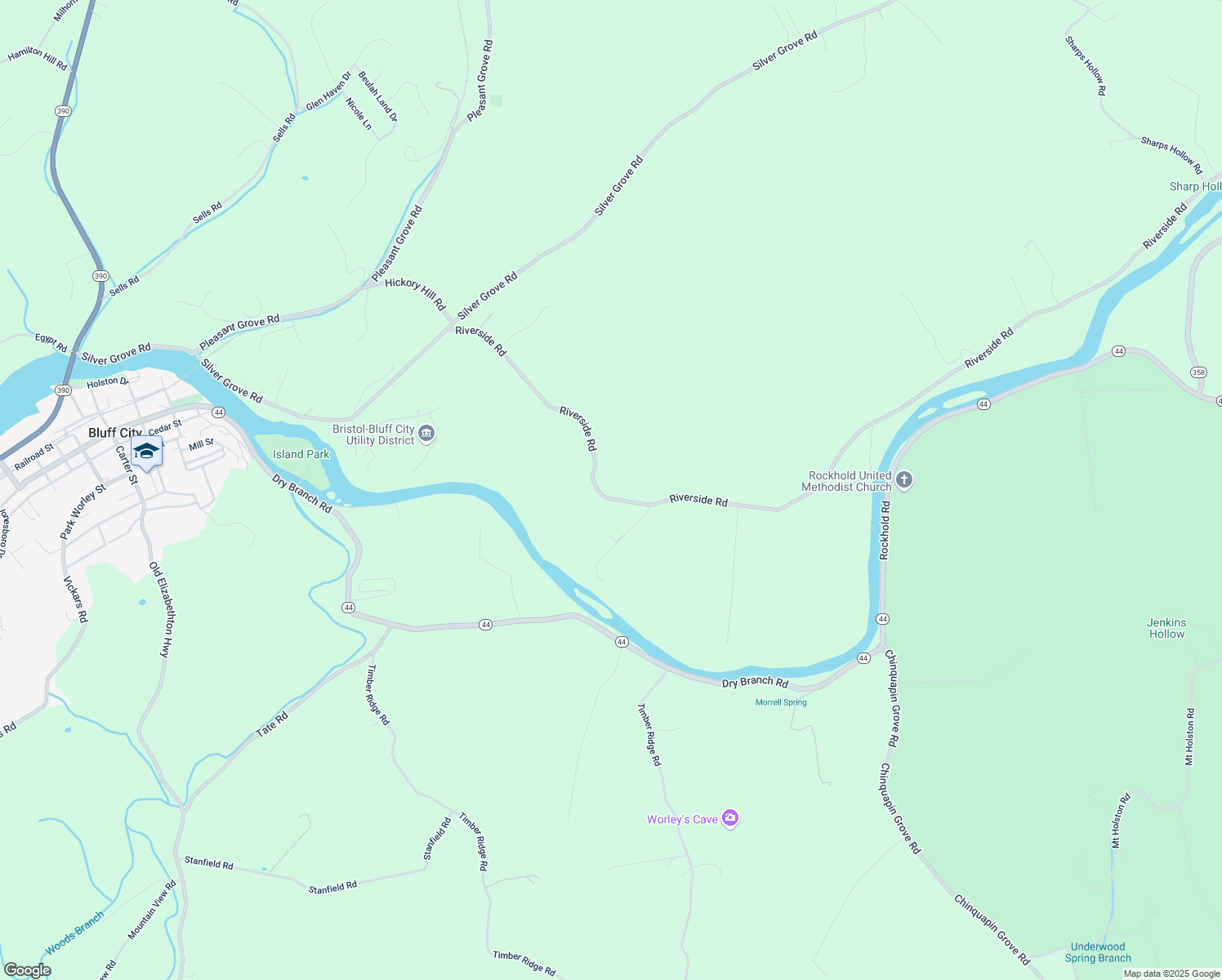 map of restaurants, bars, coffee shops, grocery stores, and more near 519 Riverside Road in Bluff City