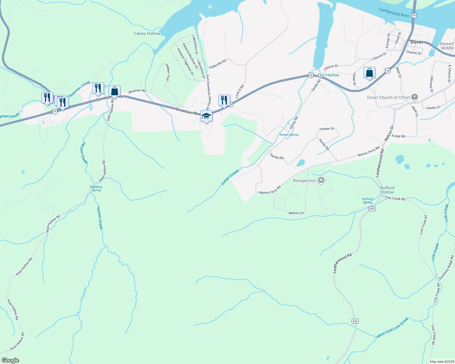 map of restaurants, bars, coffee shops, grocery stores, and more near 235 Indian Creek Road in Dover