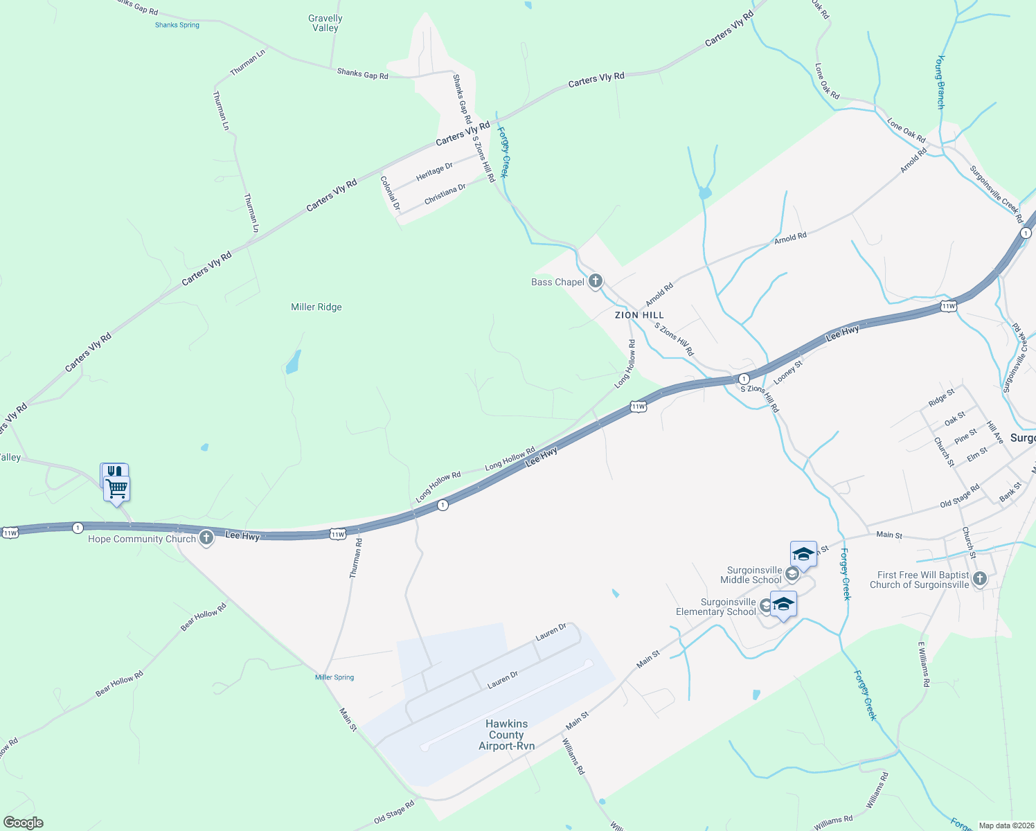 map of restaurants, bars, coffee shops, grocery stores, and more near 151 Bass Road in Rogersville