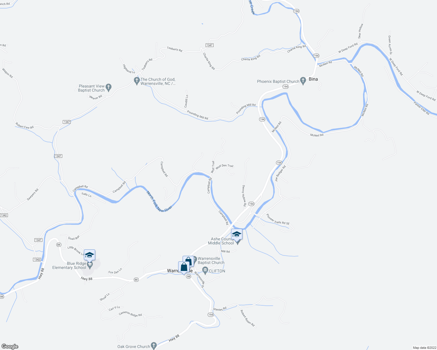 map of restaurants, bars, coffee shops, grocery stores, and more near 128 Wolf Den Trail in Warrensville