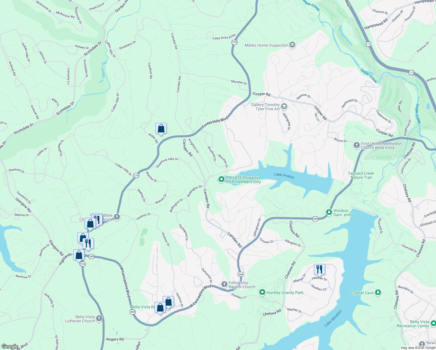 map of restaurants, bars, coffee shops, grocery stores, and more near 105 West Lancashire Boulevard in Bella Vista