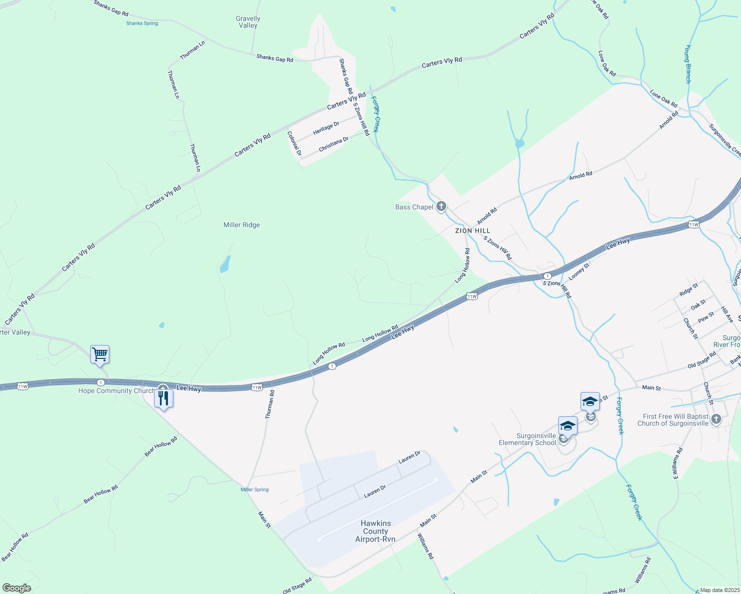 map of restaurants, bars, coffee shops, grocery stores, and more near 160 Bass Ln in Rogersville