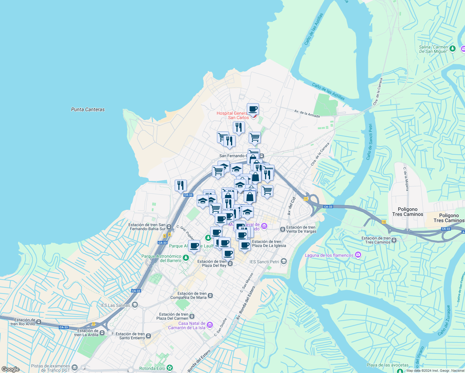 map of restaurants, bars, coffee shops, grocery stores, and more near 2 Calle Florencia in San Fernando