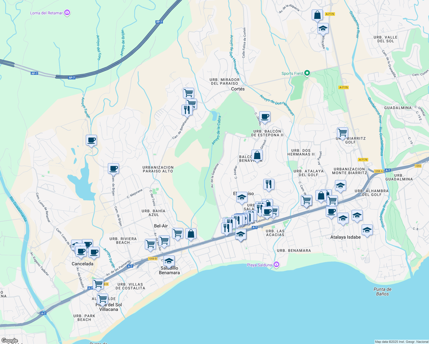 map of restaurants, bars, coffee shops, grocery stores, and more near 50 Avenida de la Gardenia in Estepona