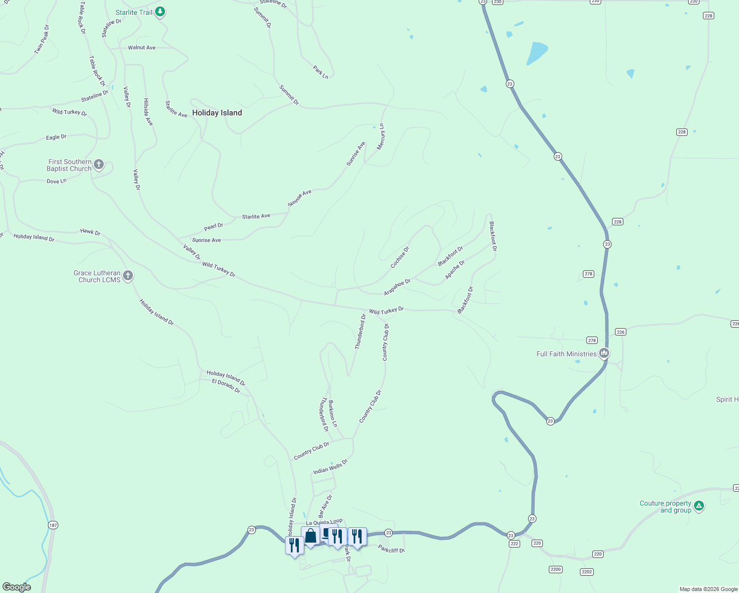 map of restaurants, bars, coffee shops, grocery stores, and more near 22 Cochise Drive in Holiday Island