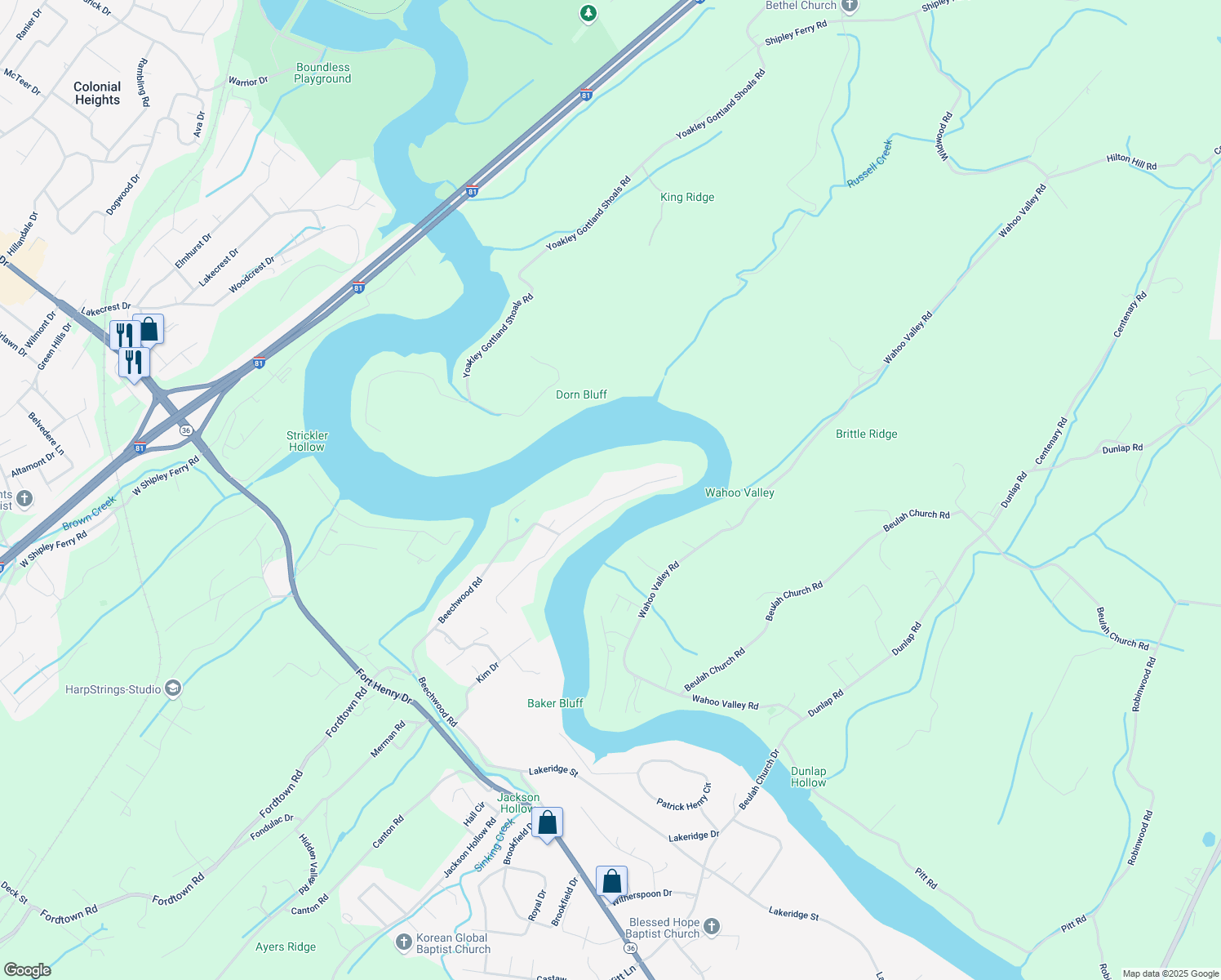 map of restaurants, bars, coffee shops, grocery stores, and more near 5051 Lake Forest Drive in Kingsport