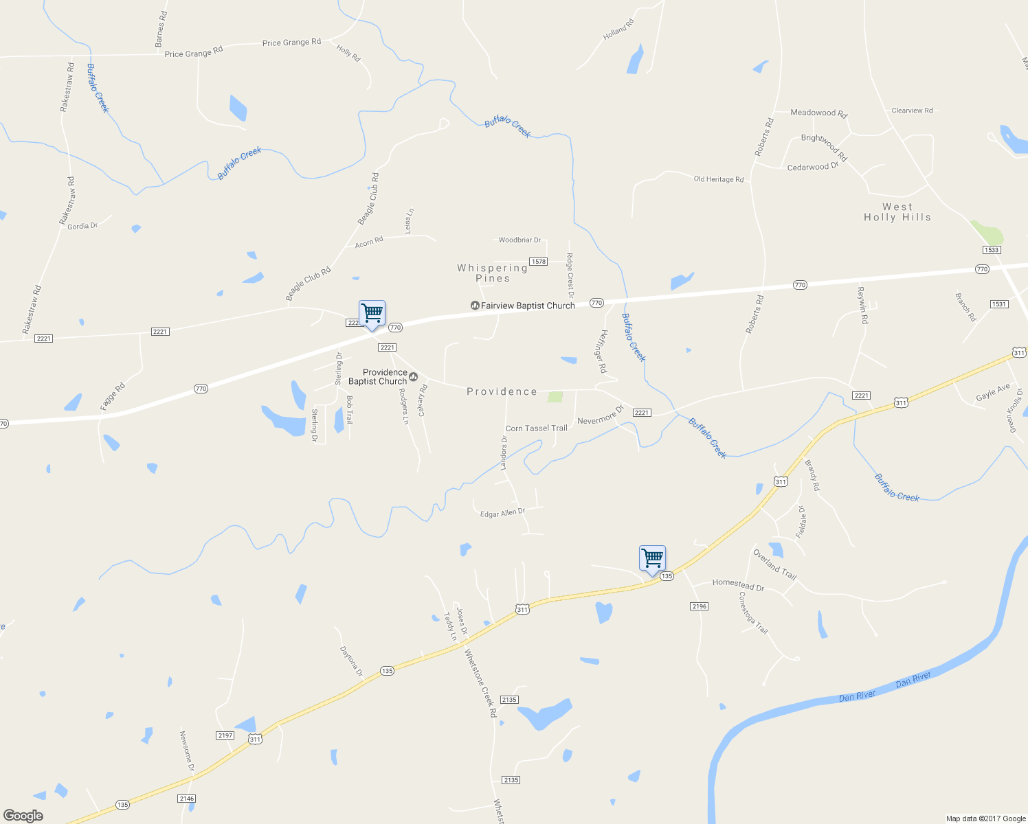 map of restaurants, bars, coffee shops, grocery stores, and more near 131 Landors Drive in Stoneville