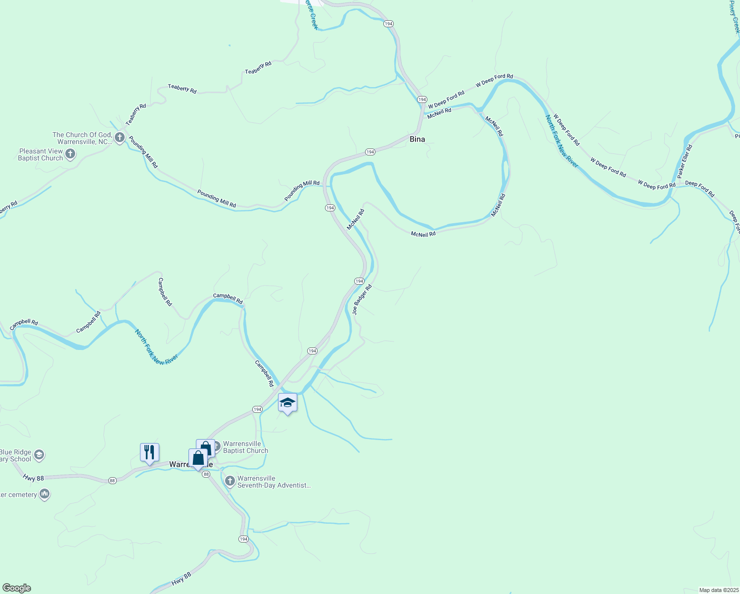 map of restaurants, bars, coffee shops, grocery stores, and more near 694 Joe Badger Road in Warrensville