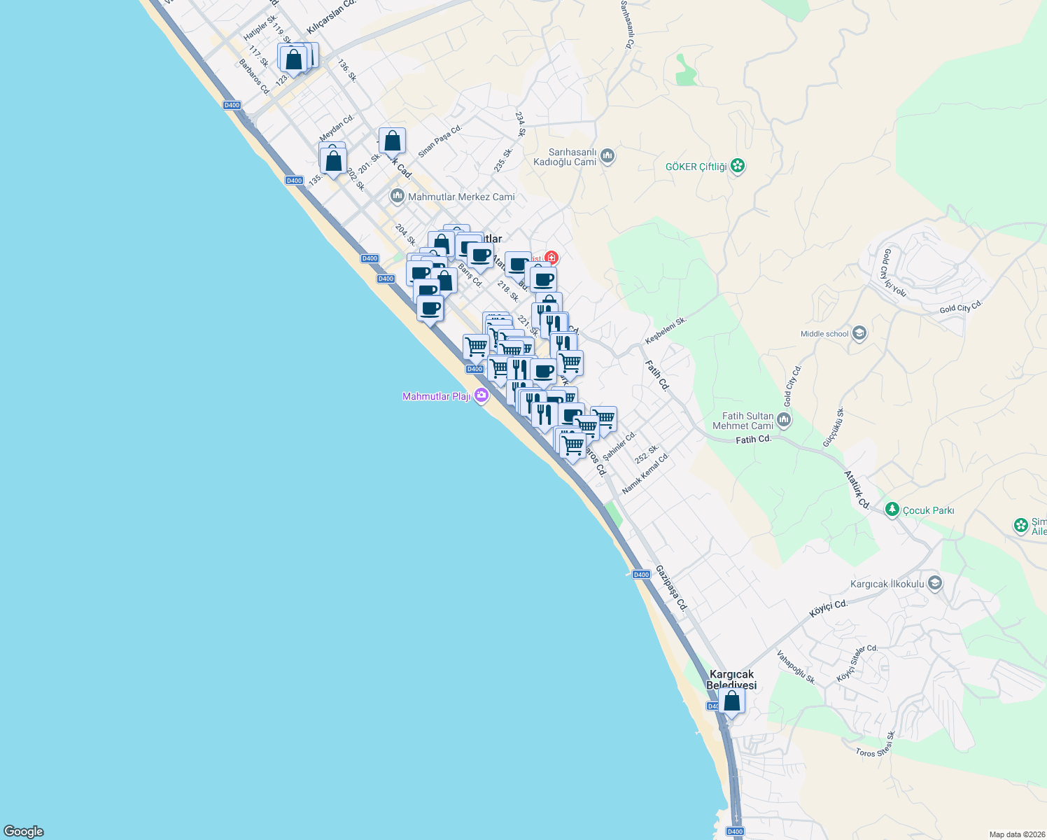 map of restaurants, bars, coffee shops, grocery stores, and more near 1 Zafer Caddesi in Alanya