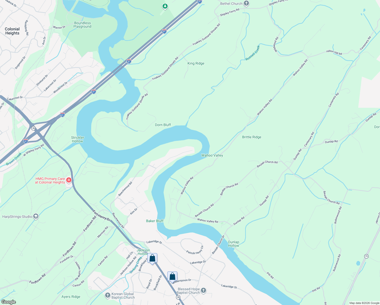 map of restaurants, bars, coffee shops, grocery stores, and more near 5074 Lake Forest Drive in Kingsport